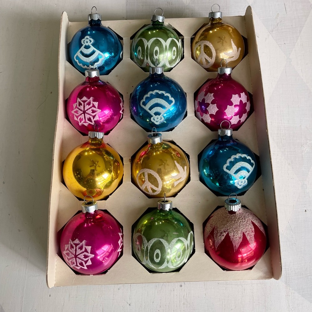 Vintage Coby Christmas Glass Ball Ornaments - 12 Ornaments - Made In USA